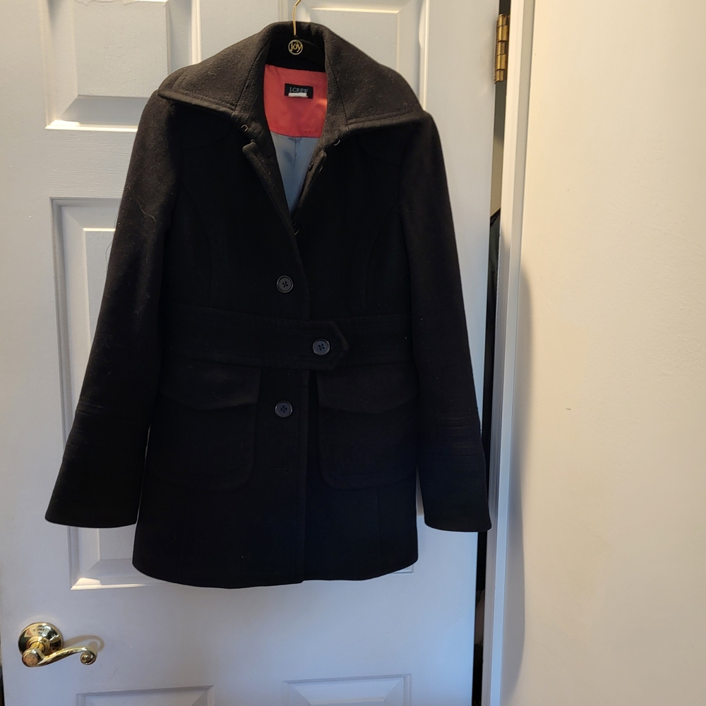 J. Crew Black Eool Blend Pea Coat with Red Lining